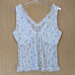 Frankee & Skylarr Cottage Coquette Sheer Mesh Floral Ruffle Top Size XL Blue
